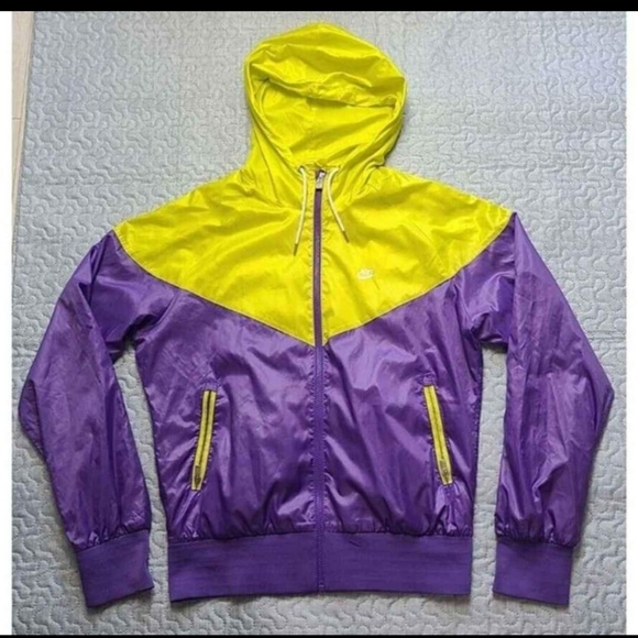 NIKE Windrunner Jacket Women's Large Hooded Purple Neon Yellow Colorblock Lined - Picture 1 of 8